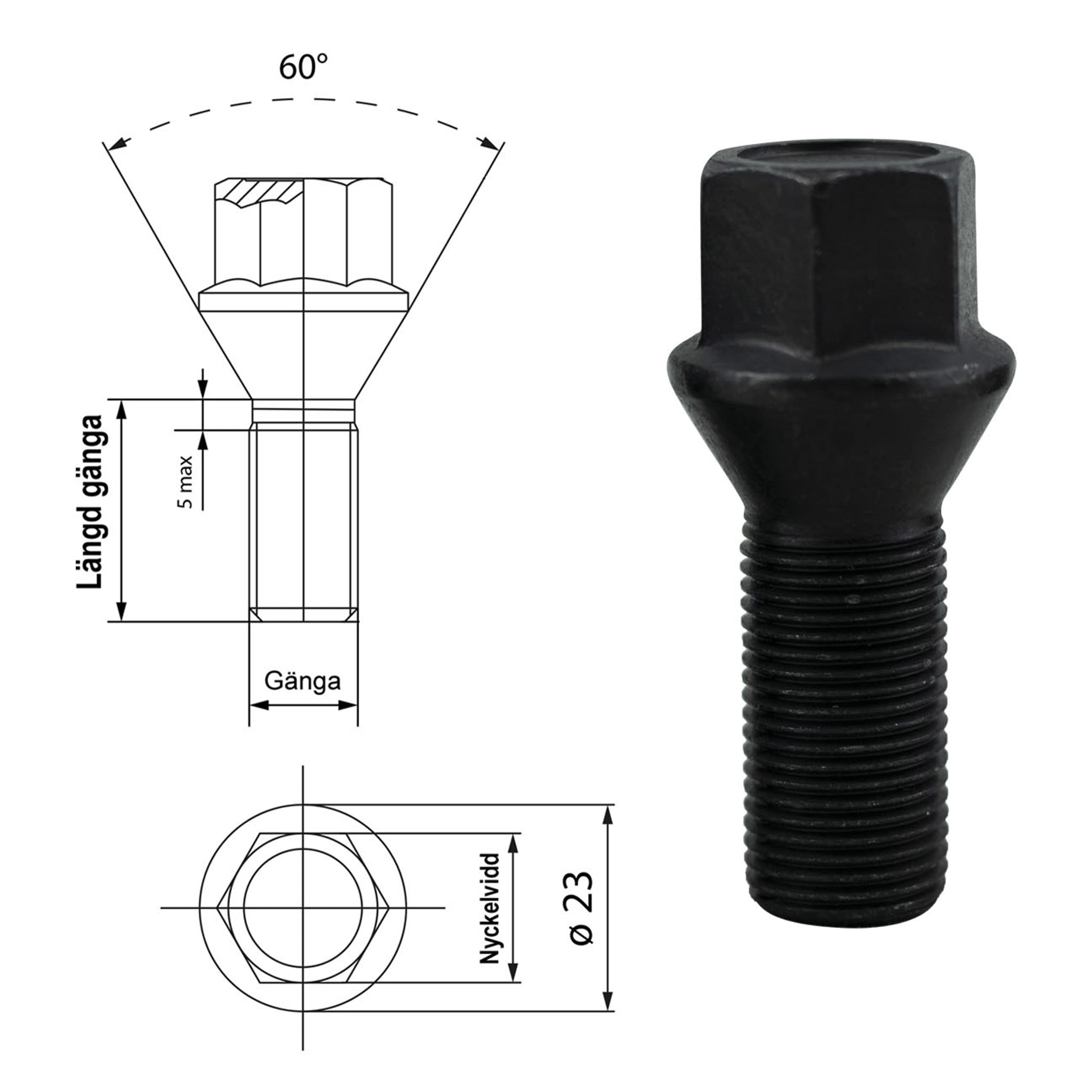 Konisk hjulbult M12x1,5 längd 26