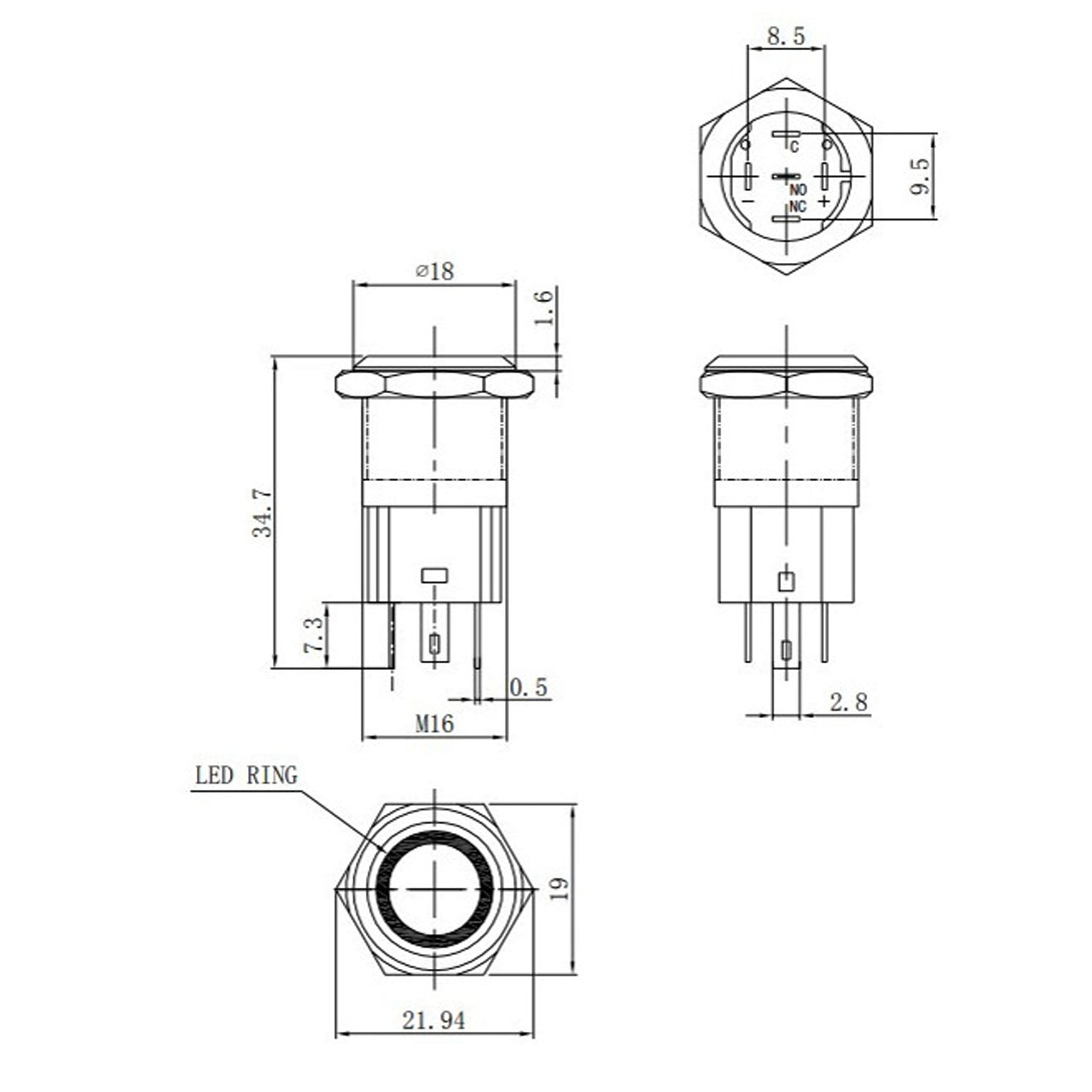 Tryckströmbrytare 2-läges (till/från) med ledlampa